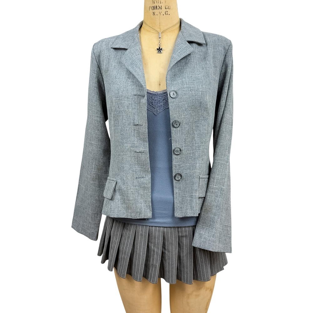 Y2K Office Siren Gray Heather Crosshatch Blazer Notch‎ Collar USA 12 Corpcore
